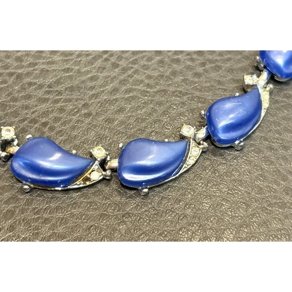 Vintage 1950's Blue Lucite Moon Glow Necklace Silver Tone Rhinestone Adjustable